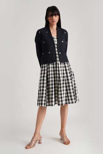 Indigo Dreams_Black Handloom Cotton Tassels Lavinia Checkered Pattern Dress And Jacket Set_Online_at_Aza_Fashions