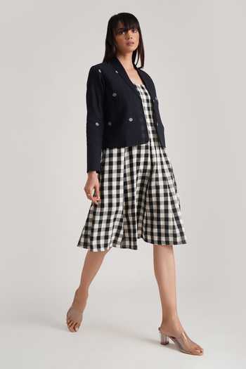 Buy_Indigo Dreams_Black Handloom Cotton Tassels Lavinia Checkered Pattern Dress And Jacket Set_Online_at_Aza_Fashions