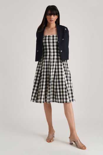 Shop_Indigo Dreams_Black Handloom Cotton Tassels Lavinia Checkered Pattern Dress And Jacket Set_Online_at_Aza_Fashions