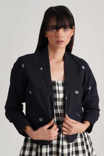 Indigo Dreams_Black Handloom Cotton Tassels Lavinia Checkered Pattern Dress And Jacket Set_at_Aza_Fashions