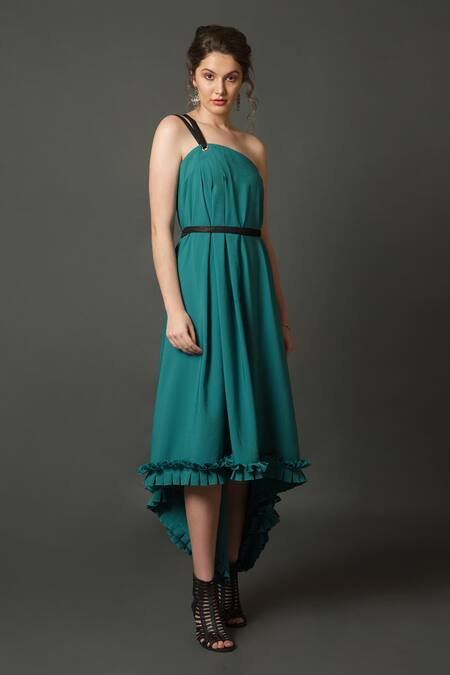 House Of Behram Blue Crepe Ruffles One Shoulder Backless Gown Online at Aza Fashions House Of Behram_Blue Crepe Ruffles One Shoulder Backless Gown _Online_at_Aza_Fashions