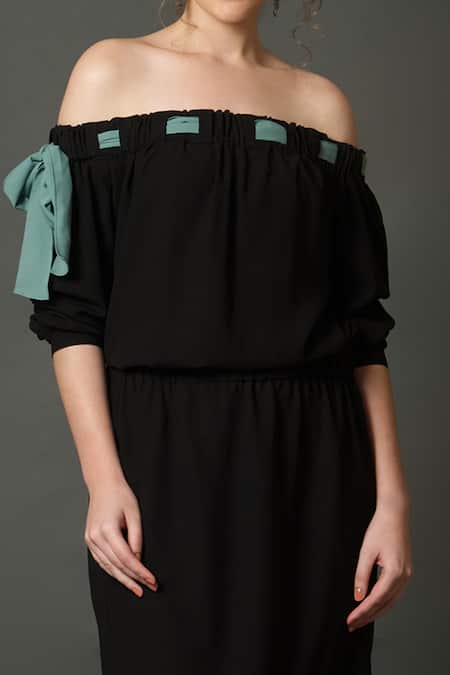 House Of Behram_Black Modal Off-shoulder Off Midi Dress _Online_at_Aza_Fashions