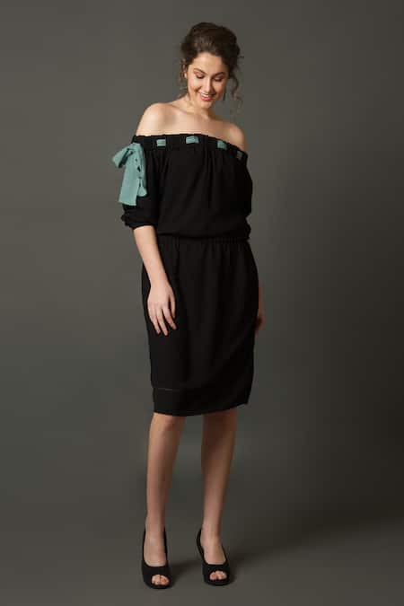Buy_House Of Behram_Black Modal Off-shoulder Off Midi Dress _Online_at_Aza_Fashions
