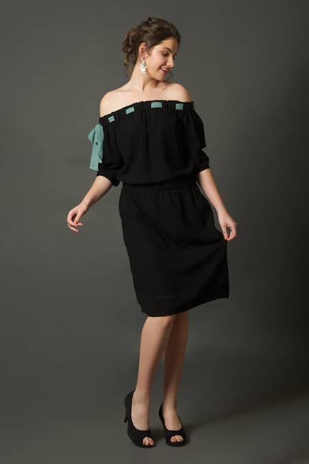 Shop_House Of Behram_Black Modal Off-shoulder Off Midi Dress _Online_at_Aza_Fashions