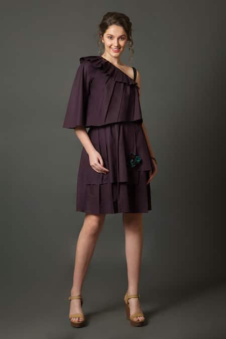 House Of Behram Wine Cotton One Shoulder Layered Hem Dress Online at Aza Fashions House Of Behram_Wine Cotton One Shoulder Layered Hem Dress _Online_at_Aza_Fashions