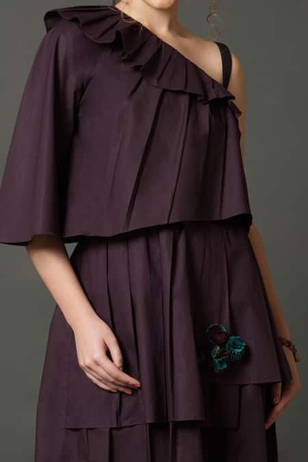 Buy House Of Behram Wine Cotton One Shoulder Layered Hem Dress Online at Aza Fashions Buy_House Of Behram_Wine Cotton One Shoulder Layered Hem Dress _Online_at_Aza_Fashions