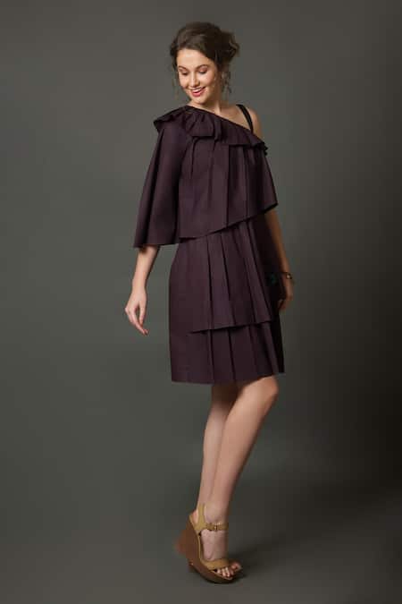 Shop House Of Behram Wine Cotton One Shoulder Layered Hem Dress Online at Aza Fashions Shop_House Of Behram_Wine Cotton One Shoulder Layered Hem Dress _Online_at_Aza_Fashions