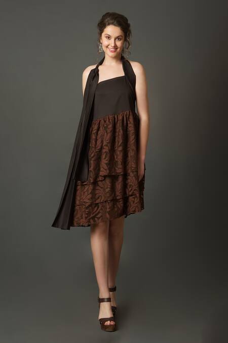 House Of Behram Brown Cotton, Net Halter Neck Layered Dress Online at Aza Fashions House Of Behram_Brown Cotton, Net Halter Neck Layered Dress _Online_at_Aza_Fashions