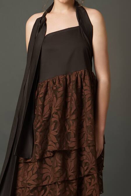 Buy House Of Behram Brown Cotton, Net Halter Neck Layered Dress Online at Aza Fashions Buy_House Of Behram_Brown Cotton, Net Halter Neck Layered Dress _Online_at_Aza_Fashions