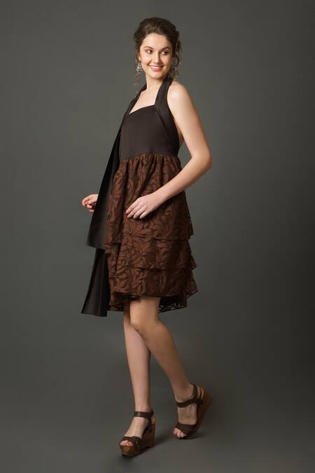 Shop House Of Behram Brown Cotton, Net Halter Neck Layered Dress Online at Aza Fashions Shop_House Of Behram_Brown Cotton, Net Halter Neck Layered Dress _Online_at_Aza_Fashions