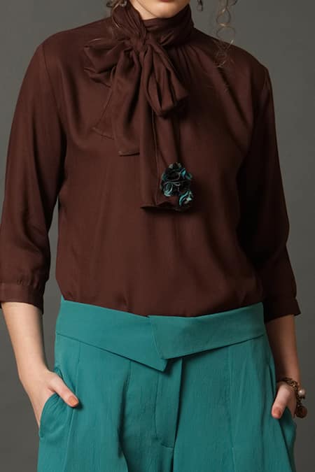 House Of Behram Brown Silk, Viscose Neck Tie Up Top Online at Aza Fashions House Of Behram_Brown Silk, Viscose Neck Tie Up Top _Online_at_Aza_Fashions