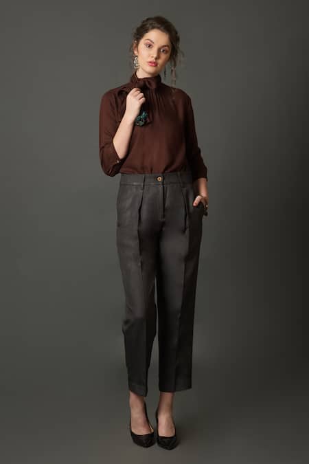 Shop House Of Behram Brown Silk, Viscose Neck Tie Up Top Online at Aza Fashions Shop_House Of Behram_Brown Silk, Viscose Neck Tie Up Top _Online_at_Aza_Fashions