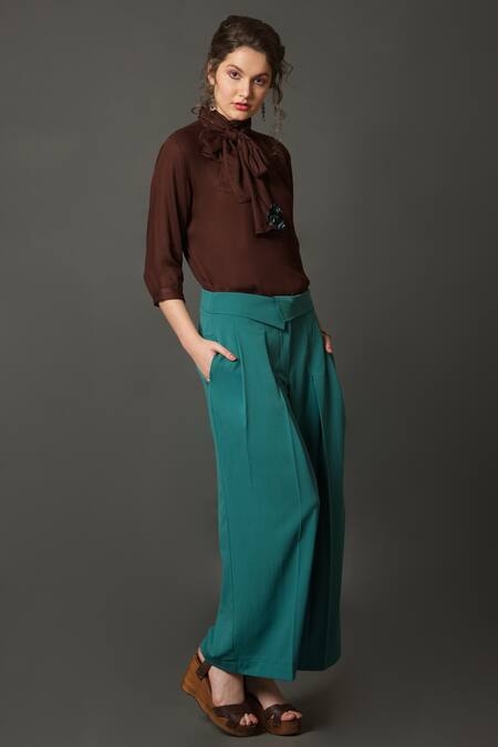 House Of Behram Blue Crepe Flap Waist Flared Trouser Online at Aza Fashions House Of Behram_Blue Crepe Flap Waist Flared Trouser _Online_at_Aza_Fashions