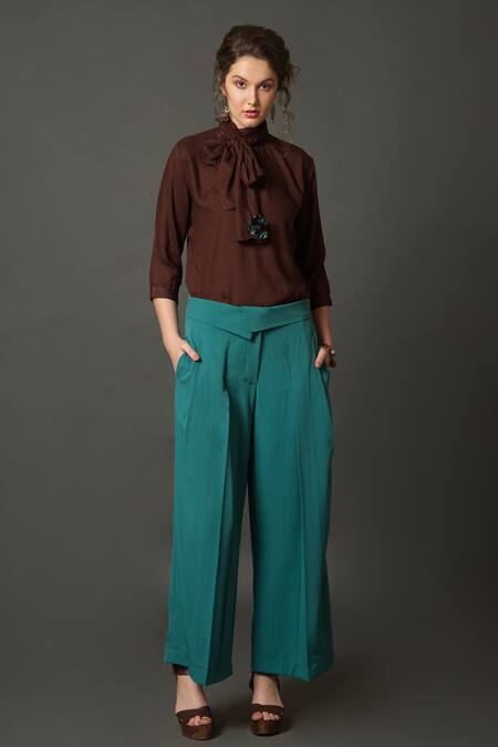 Buy House Of Behram Blue Crepe Flap Waist Flared Trouser Online at Aza Fashions Buy_House Of Behram_Blue Crepe Flap Waist Flared Trouser _Online_at_Aza_Fashions
