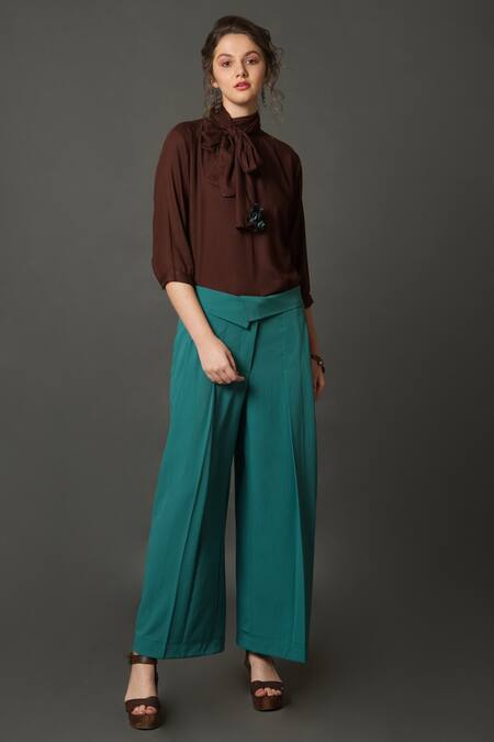 Shop House Of Behram Blue Crepe Flap Waist Flared Trouser Online at Aza Fashions Shop_House Of Behram_Blue Crepe Flap Waist Flared Trouser _Online_at_Aza_Fashions