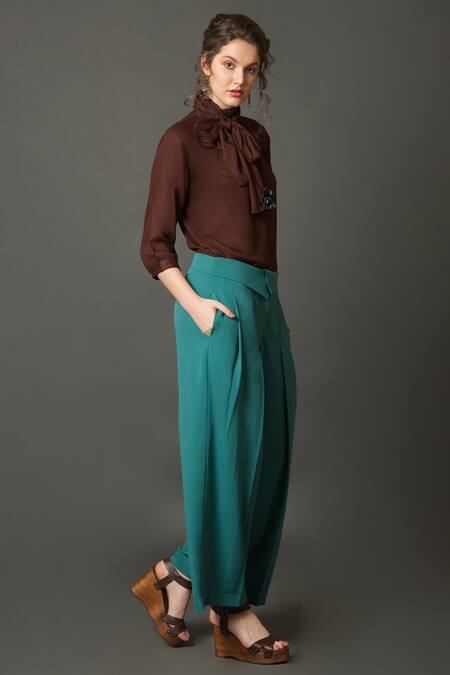 House Of Behram Blue Crepe Flap Waist Flared Trouser at Aza Fashions House Of Behram_Blue Crepe Flap Waist Flared Trouser _at_Aza_Fashions