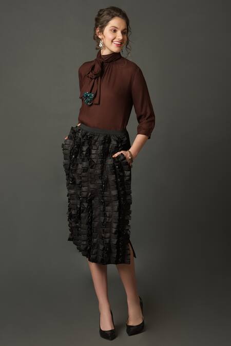 House Of Behram Black Crepe Ruffles Detail Midi Skirt Online at Aza Fashions House Of Behram_Black Crepe Ruffles Detail Midi Skirt _Online_at_Aza_Fashions