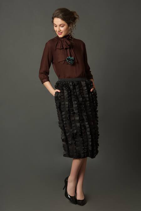 Buy House Of Behram Black Crepe Ruffles Detail Midi Skirt Online at Aza Fashions Buy_House Of Behram_Black Crepe Ruffles Detail Midi Skirt _Online_at_Aza_Fashions