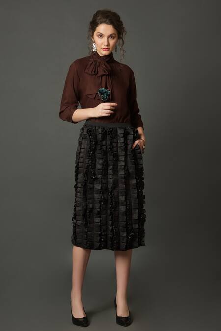 Shop House Of Behram Black Crepe Ruffles Detail Midi Skirt Online at Aza Fashions Shop_House Of Behram_Black Crepe Ruffles Detail Midi Skirt _Online_at_Aza_Fashions