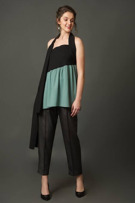 House Of Behram_Black Modal Halter Neck Color Block Top _Online_at_Aza_Fashions