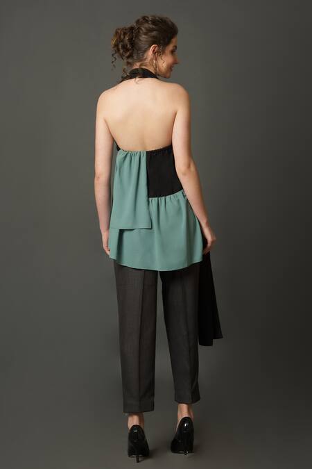 Buy_House Of Behram_Black Modal Halter Neck Color Block Top _Online_at_Aza_Fashions