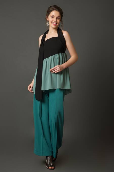 House Of Behram_Black Modal Halter Neck Color Block Top _at_Aza_Fashions
