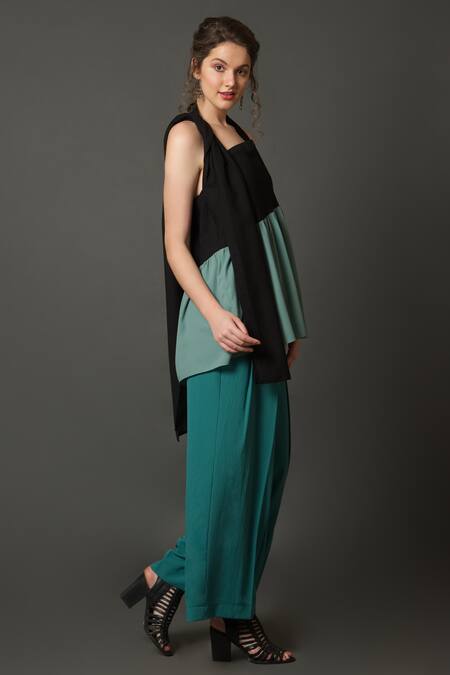 Buy_House Of Behram_Black Modal Halter Neck Color Block Top 
