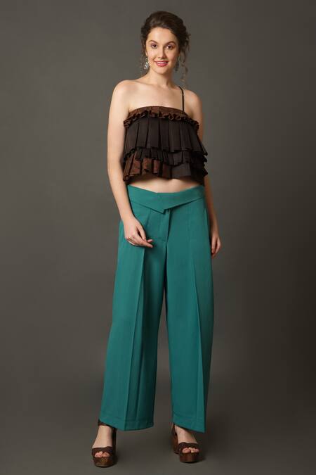 House Of Behram_Brown Cotton, Net Ruffles One Shoulder Cropped Top _Online_at_Aza_Fashions