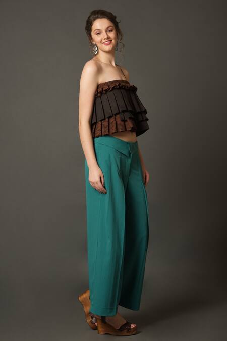 Buy_House Of Behram_Brown Cotton, Net Ruffles One Shoulder Cropped Top _Online_at_Aza_Fashions