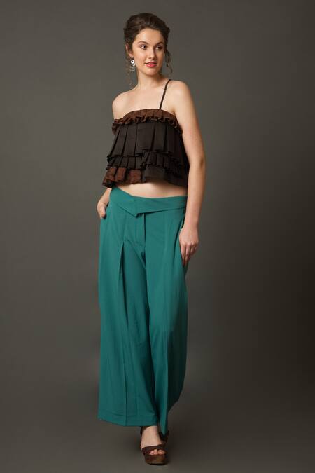 Shop_House Of Behram_Brown Cotton, Net Ruffles One Shoulder Cropped Top _Online_at_Aza_Fashions