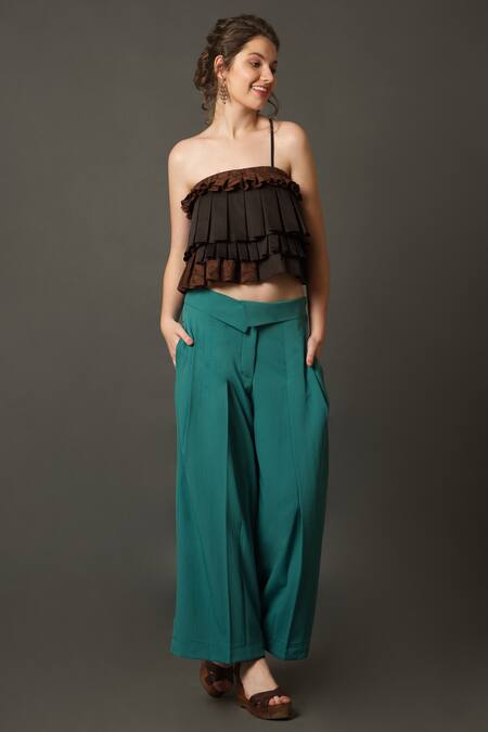 House Of Behram_Brown Cotton, Net Ruffles One Shoulder Cropped Top _at_Aza_Fashions
