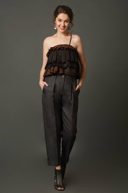 Buy_House Of Behram_Brown Cotton, Net Ruffles One Shoulder Cropped Top 