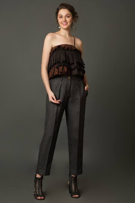 Shop_House Of Behram_Brown Cotton, Net Ruffles One Shoulder Cropped Top 