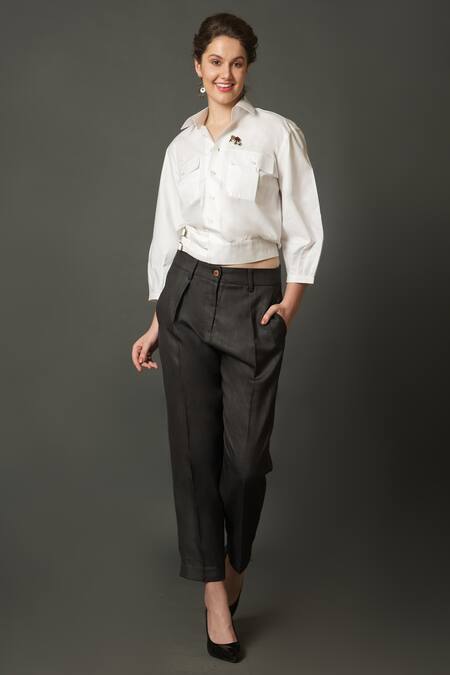 House Of Behram_White Cotton Tassels, Stones Collared Spread Crop Shirt _Online_at_Aza_Fashions