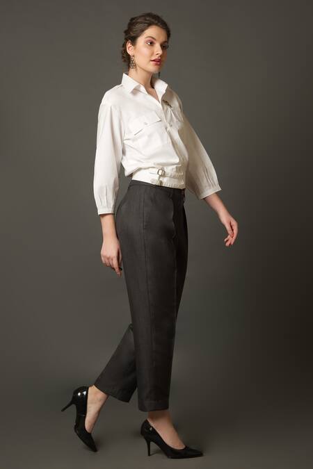 Shop_House Of Behram_White Cotton Tassels, Stones Collared Spread Crop Shirt _Online_at_Aza_Fashions