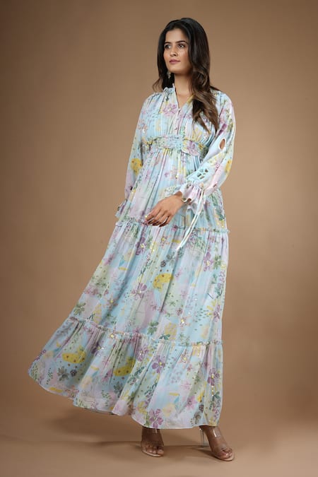 Buy_Vana Ethnics_Blue Viscose Sequins, Cut Work V-neck Vintage Botanical Print Gathered Dress _Online_at_Aza_Fashions