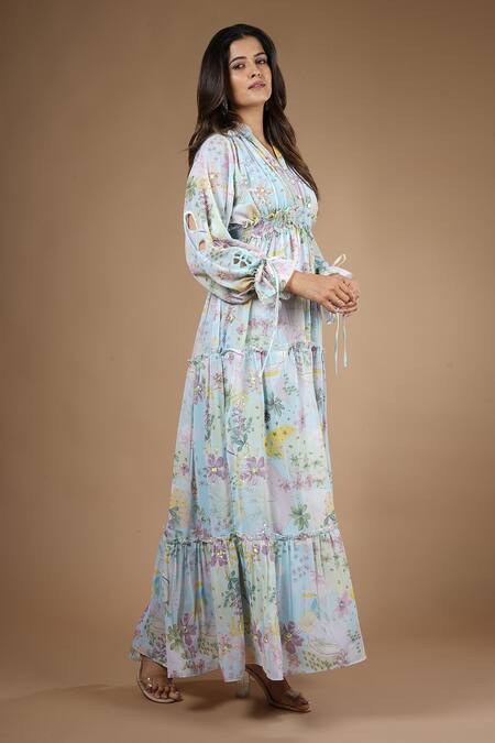 Shop_Vana Ethnics_Blue Viscose Sequins, Cut Work V-neck Vintage Botanical Print Gathered Dress _Online_at_Aza_Fashions