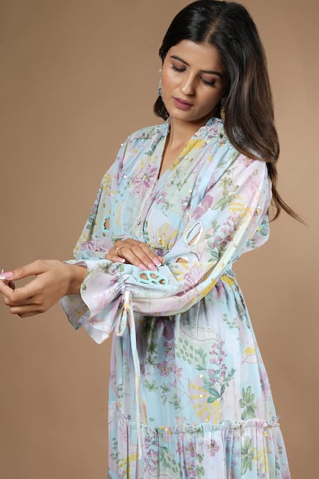 Vana Ethnics_Blue Viscose Sequins, Cut Work V-neck Vintage Botanical Print Gathered Dress _at_Aza_Fashions