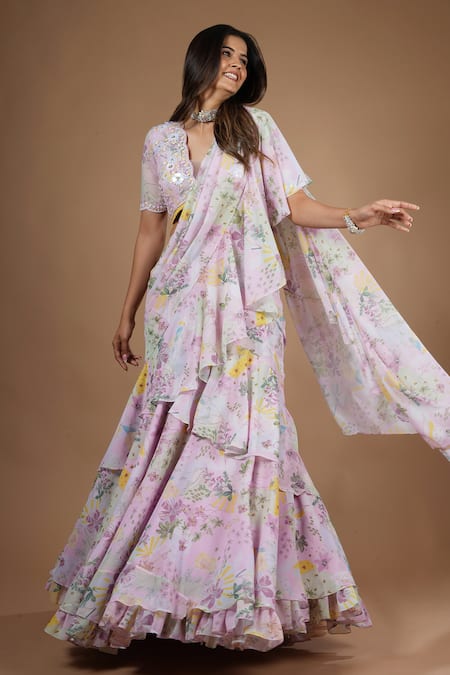 Buy_Vana Ethnics_Purple Viscose Sequins, Vintage Botanical Print Pre-draped Saree With Blouse _Online_at_Aza_Fashions