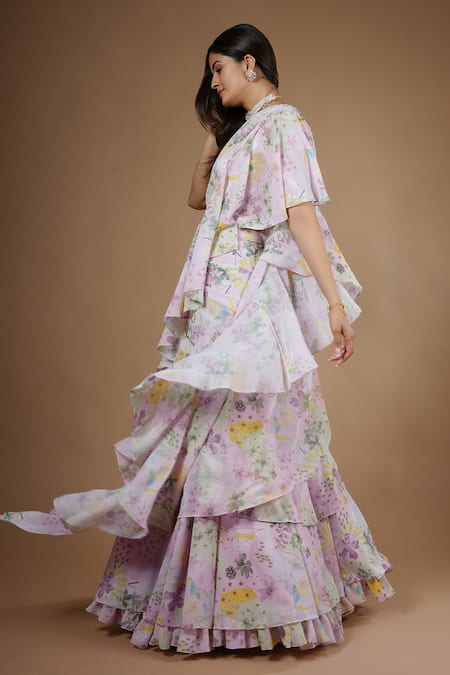 Shop_Vana Ethnics_Purple Viscose Sequins, Vintage Botanical Print Pre-draped Saree With Blouse _Online_at_Aza_Fashions