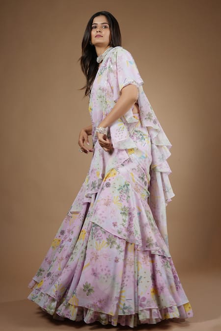 Vana Ethnics_Purple Viscose Sequins, Vintage Botanical Print Pre-draped Saree With Blouse _at_Aza_Fashions