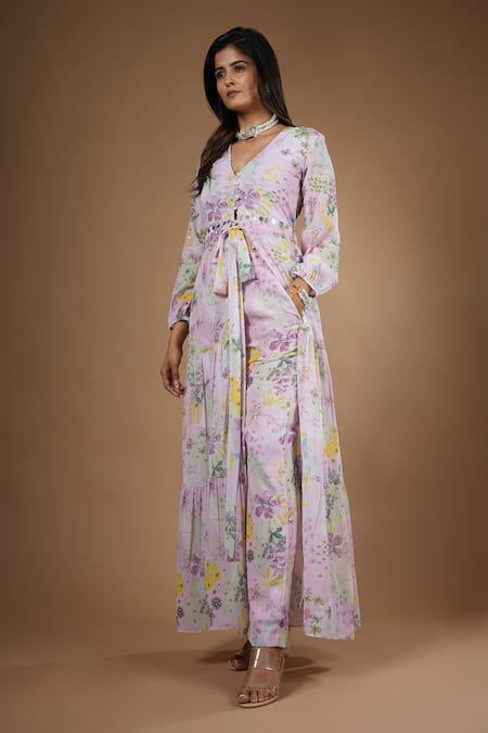 Vana Ethnics_Purple Viscose Sequins V-neck Vintage Botanical Print Kurta With Pant _Online_at_Aza_Fashions