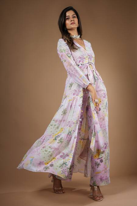 Buy_Vana Ethnics_Purple Viscose Sequins V-neck Vintage Botanical Print Kurta With Pant _Online_at_Aza_Fashions