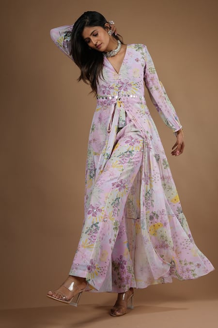 Shop_Vana Ethnics_Purple Viscose Sequins V-neck Vintage Botanical Print Kurta With Pant _Online_at_Aza_Fashions