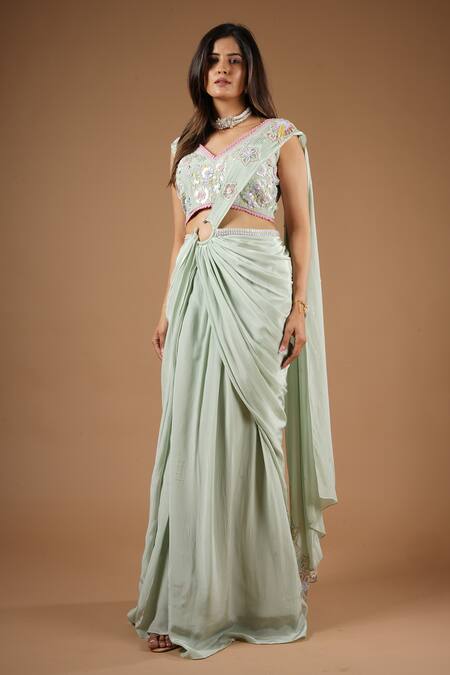 Buy_Vana Ethnics_Green Viscose Sequins, Embroidery V-neck Pre-draped Saree With Blouse _Online_at_Aza_Fashions