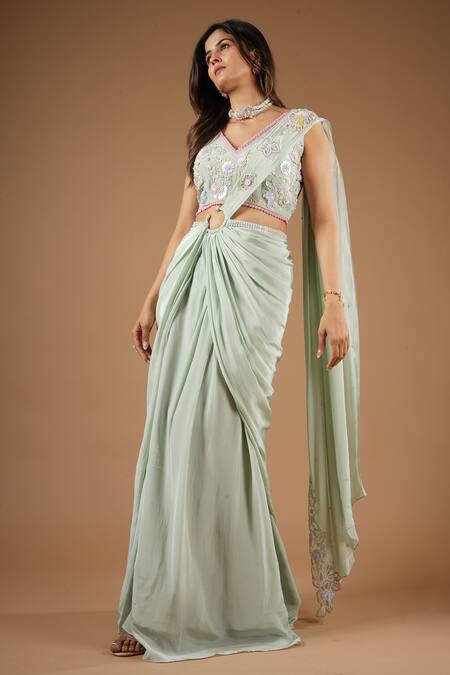 Shop_Vana Ethnics_Green Viscose Sequins, Embroidery V-neck Pre-draped Saree With Blouse _Online_at_Aza_Fashions