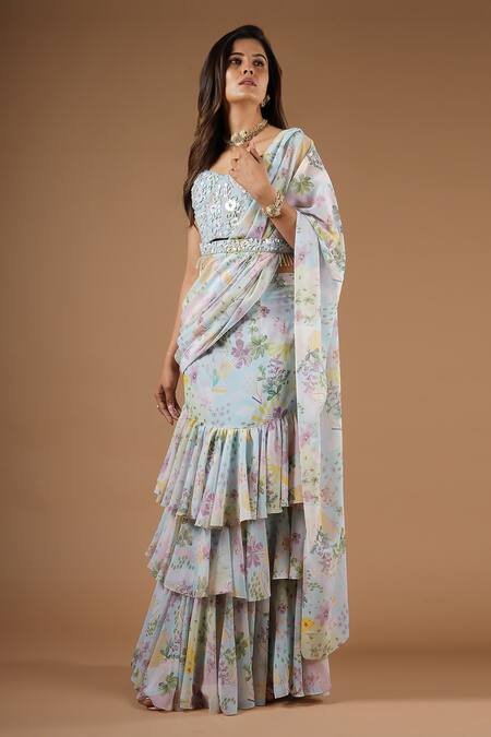 Buy_Vana Ethnics_Blue Viscose Sequins, Embroidery, Pre-draped Ruffle Saree With Corset Bustier _Online_at_Aza_Fashions