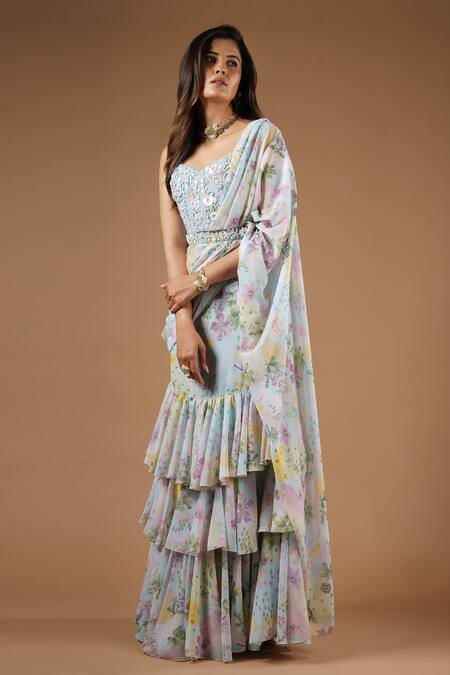 Shop_Vana Ethnics_Blue Viscose Sequins, Embroidery, Pre-draped Ruffle Saree With Corset Bustier _Online_at_Aza_Fashions