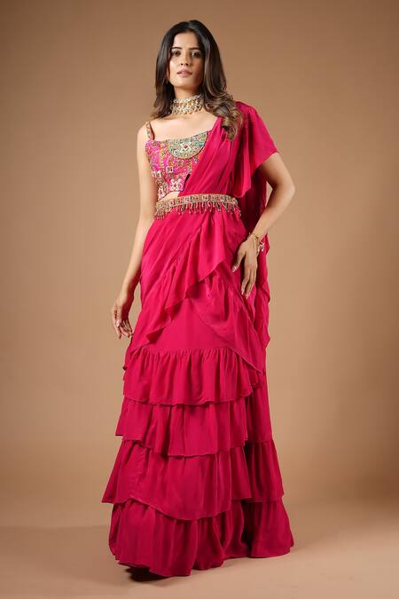Buy_Vana Ethnics_Pink Viscose Zari, Mirrors, Tassels Pre-draped Ruffle Saree With Work Blouse _Online_at_Aza_Fashions