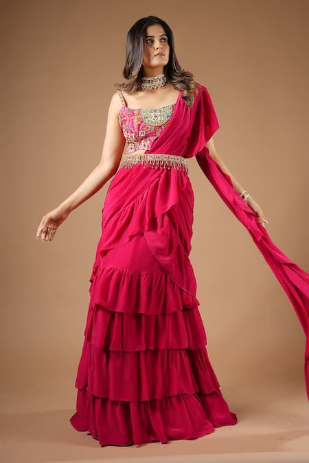 Shop_Vana Ethnics_Pink Viscose Zari, Mirrors, Tassels Pre-draped Ruffle Saree With Work Blouse _Online_at_Aza_Fashions